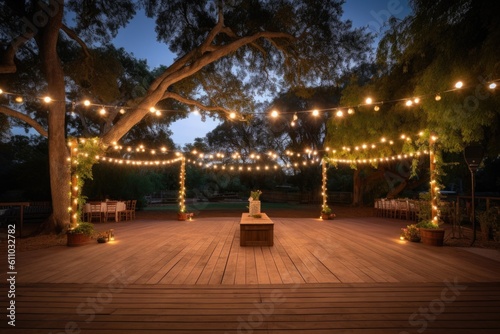 outdoor dance floor surrounded by twinkling lights and lanterns, created with generative ai