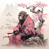 Japanese customs and traditions, a sitting monkey wearing a yukata against the background of a cherry tree