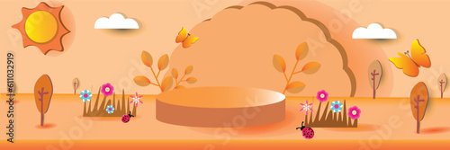 Product banner, podium stage autumn season, For show banner sale vector illustration, paper art.