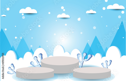 Winter landscape with snowy background, product banner paper art style.
