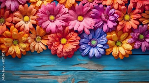 Zinnia flowers on wooden planks background. Beautiful blooming plants. Generative AI