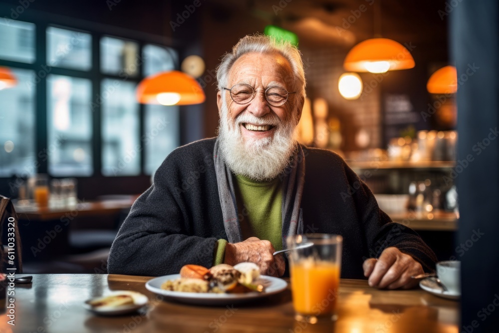 Lifestyle portrait photography of a grinning old man having breakfast against a lively brewery background. With generative AI technology