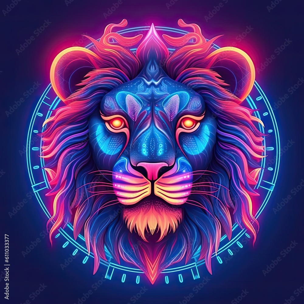 Cute Lion animal in neon style. Portrait of glow light animal. Generative AI