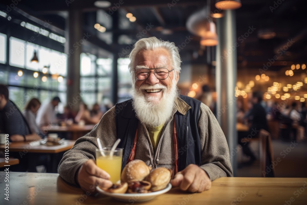 Lifestyle portrait photography of a grinning old man having breakfast against a lively brewery background. With generative AI technology