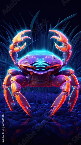 Neon light Crab animal on black background. Portrait of glow light animal. Generative AI