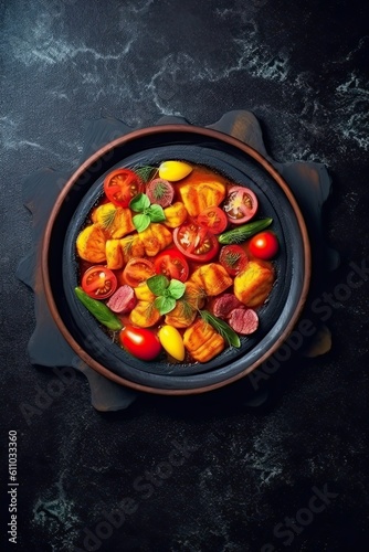 Curry meal on black stone surface background. Generative AI