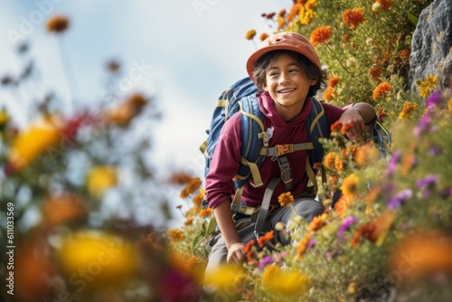 Environmental portrait photography of a grinning kid male practicing rock climbing against a colorful tulipfield background. With generative AI technology