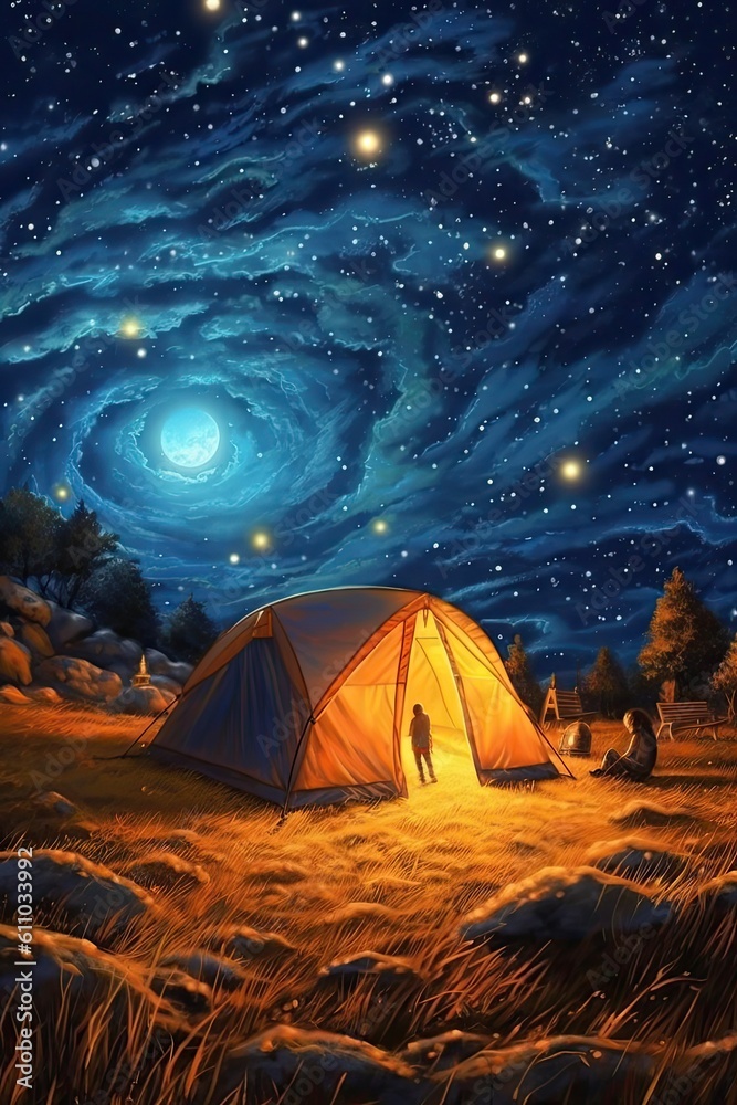 A tent glows under a night sky full of stars. Generative AI