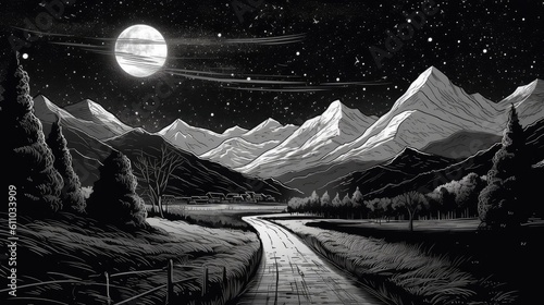 Road leading to distance in a mountain valley with stars. Generative AI