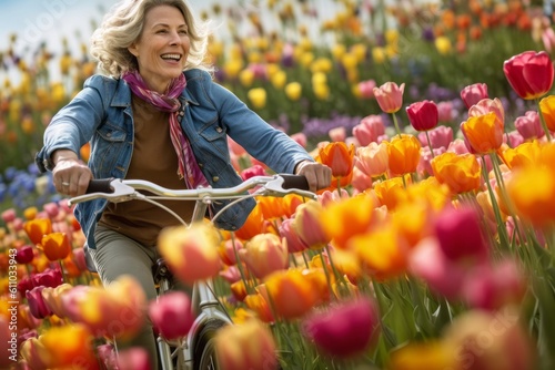 Medium shot portrait photography of a satisfied mature woman riding a bike against a colorful tulipfield background. With generative AI technology