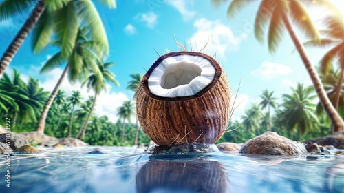 Coconut fresh fruit in the landscape background. Generative AI