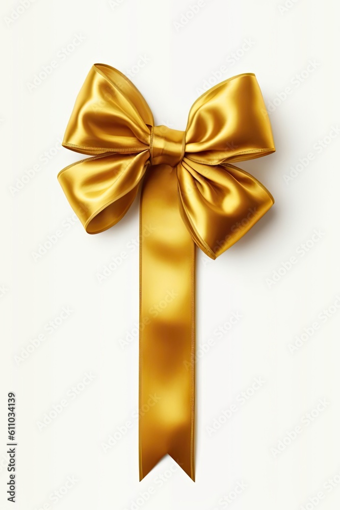 Shiny golden satin ribbon with bow isolated on white background. Generative AI