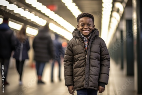 Full-length portrait photography of a joyful kid male smiling against a bustling subway station background. With generative AI technology