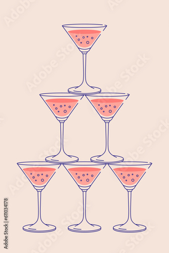 Champagne glasses pyramid. Sparkling wine postcard for web and print. Party invitation with glass tower line art vector illustration.