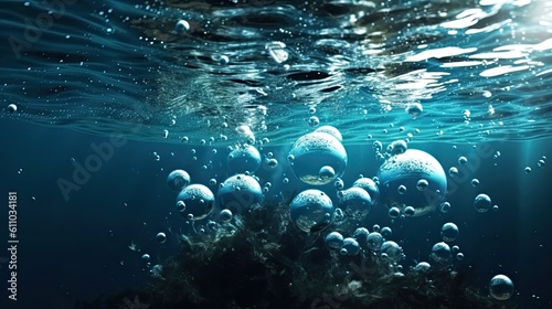 Under water blue waves and bubbles. Deep sea background. Generative AI