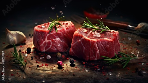 Raw beef filet mignon steaks with rosemary, pepper and salt on dark rustic board. Generative AI photo