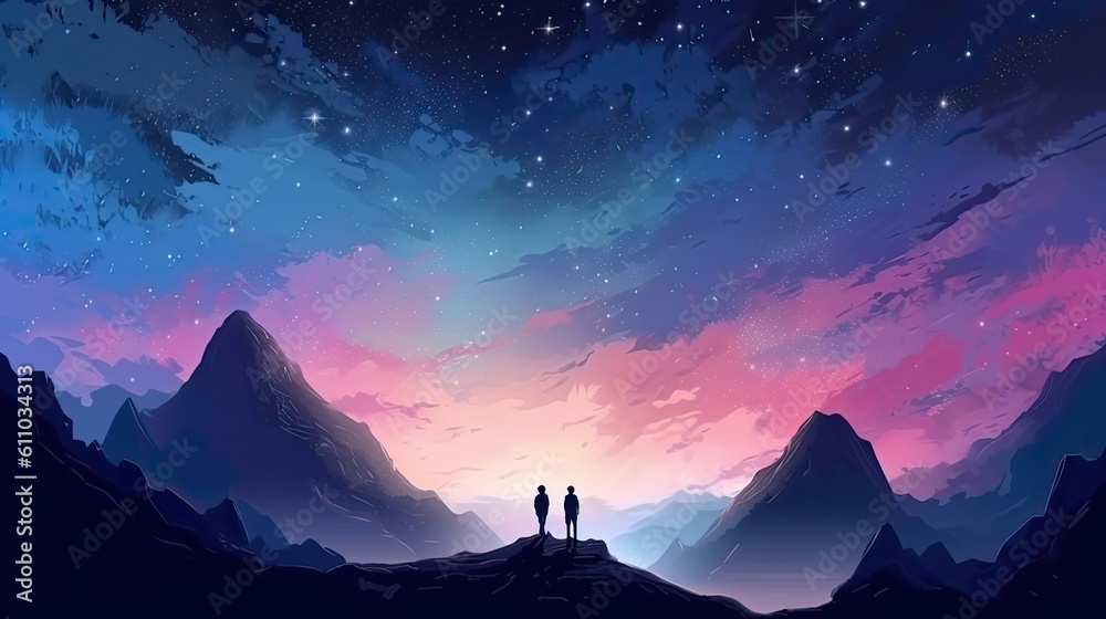 Silhouette of two hikers were standing at the top of the mountain looking at the stars sky. Generative AI