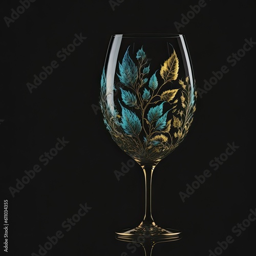 a wine glass with gold leaves on it, tender depiction of nature, glowing colors, leaf patterns, generative AI