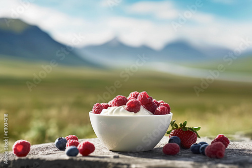 healthy and creamy skyr with berries in a bowl with a northic outdoor background, created with generative ai
