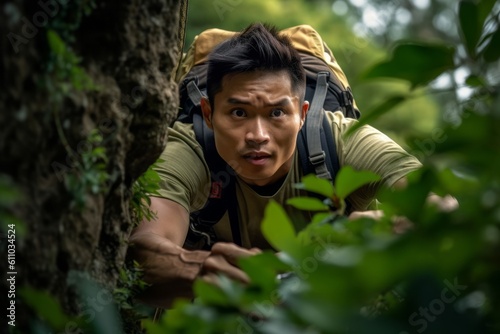 Medium shot portrait photography of a glad boy in his 30s practicing rock climbing against a serene tea garden background. With generative AI technology © Markus Schröder