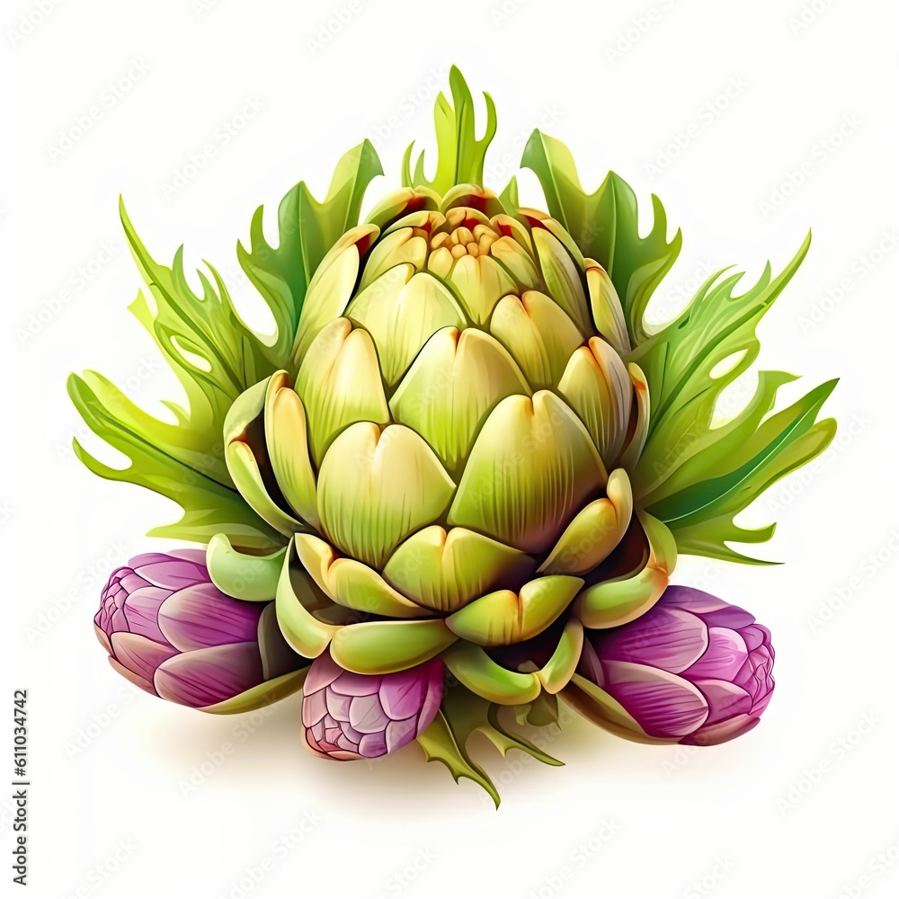 Obraz premium Artichokes vegetable isolated on white background, flat illustration. Generative AI
