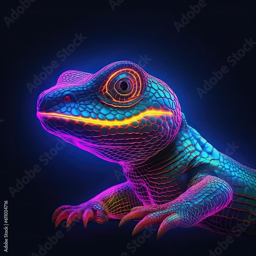 Cute Alligator animal in neon style. Portrait of glow light animal. Generative AI
