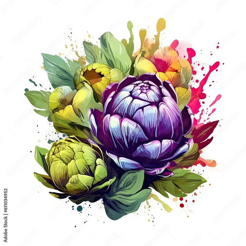 Fototapeta premium Artichokes vegetable isolated on white background, flat illustration. Generative AI