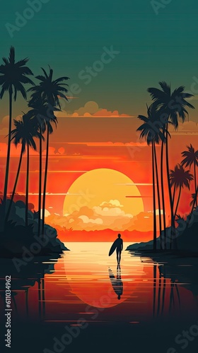 Silhouette of surfer people carrying their surfboards on sunset beach. Generative AI