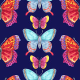 Watercolor set pattern of butterfly isolated on blue background. Handpaiting watercolor illustration on white background.
