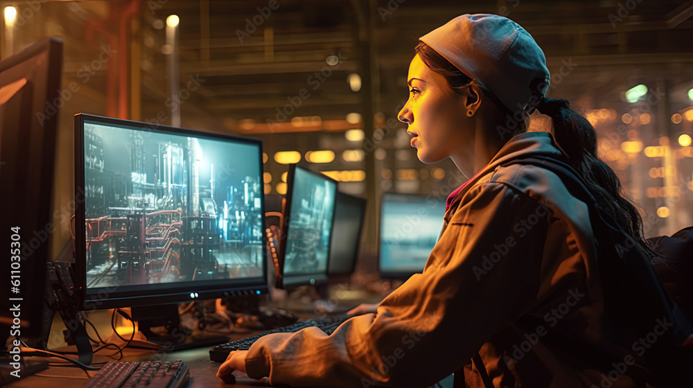 Backside of woman petrochemical engineer working at night with laptop Inside oil and gas refinery plant industry factory at night for inspector safety quality control, Generative AI