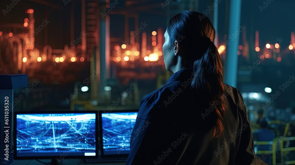 Backside of woman petrochemical engineer working at night with laptop Inside oil and gas refinery plant industry factory at night for inspector safety quality control, Generative AI