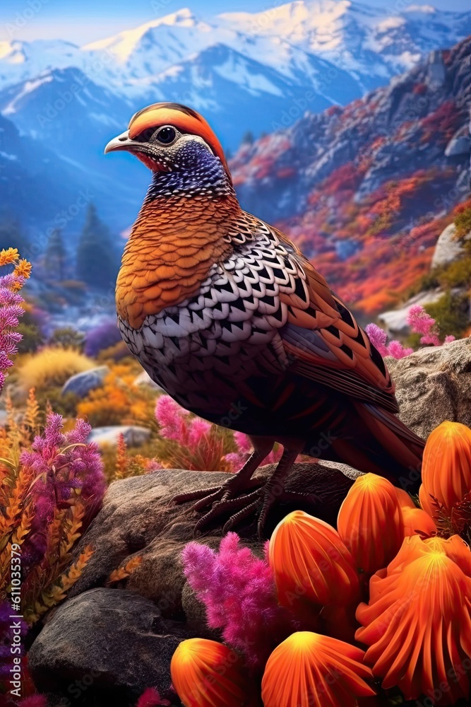 Fototapeta premium Quail in nature at mountain valley. Generative AI
