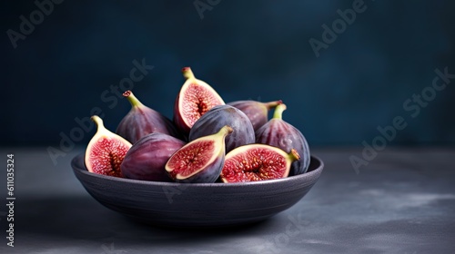 Fresh figs on black plate. Grey background. Copy space. Generative AI