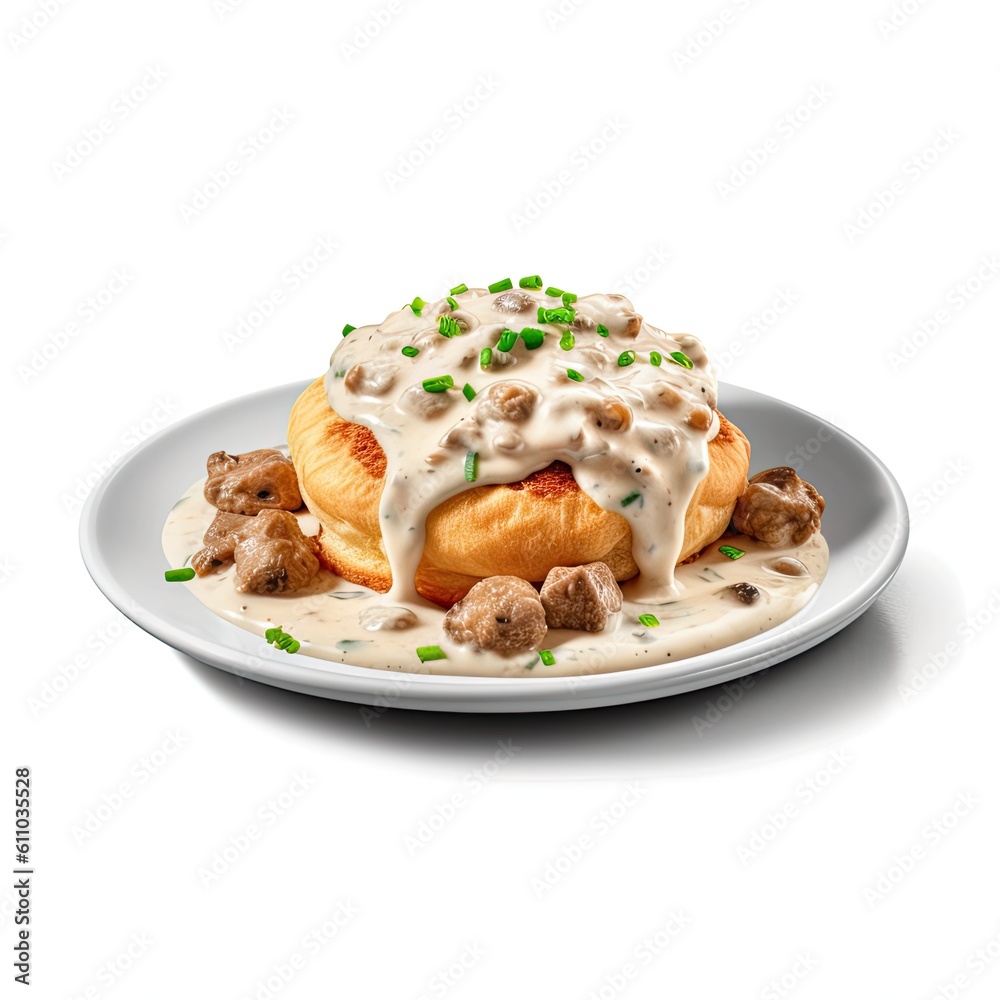 Biscuits and gravy dish isolated on white background. Generative AI