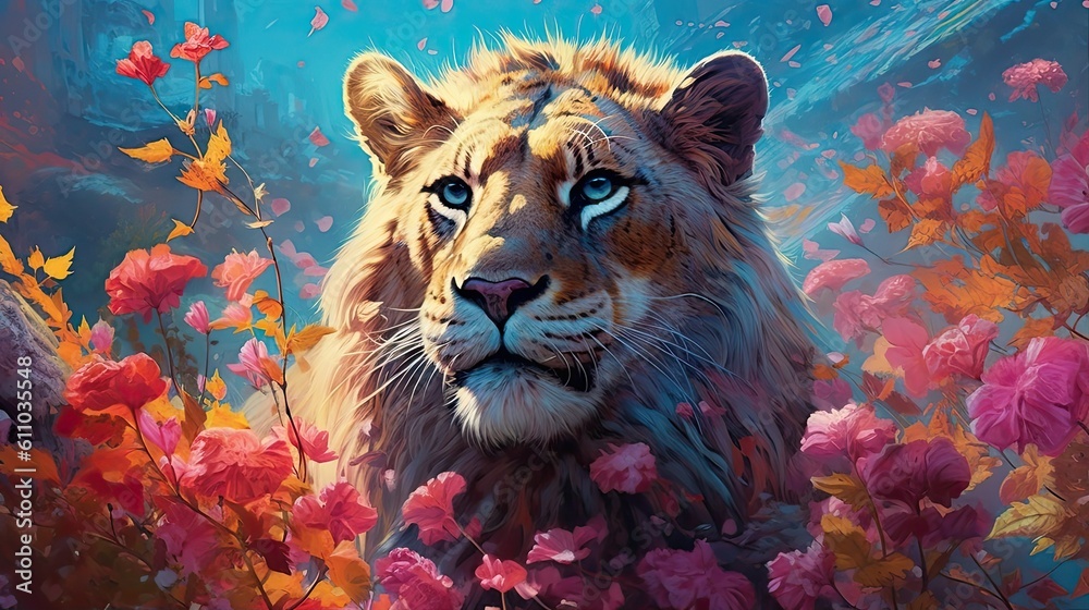 Lion in field of wild flowers. Generative AI Lion in field of wild flowers. Generative AI