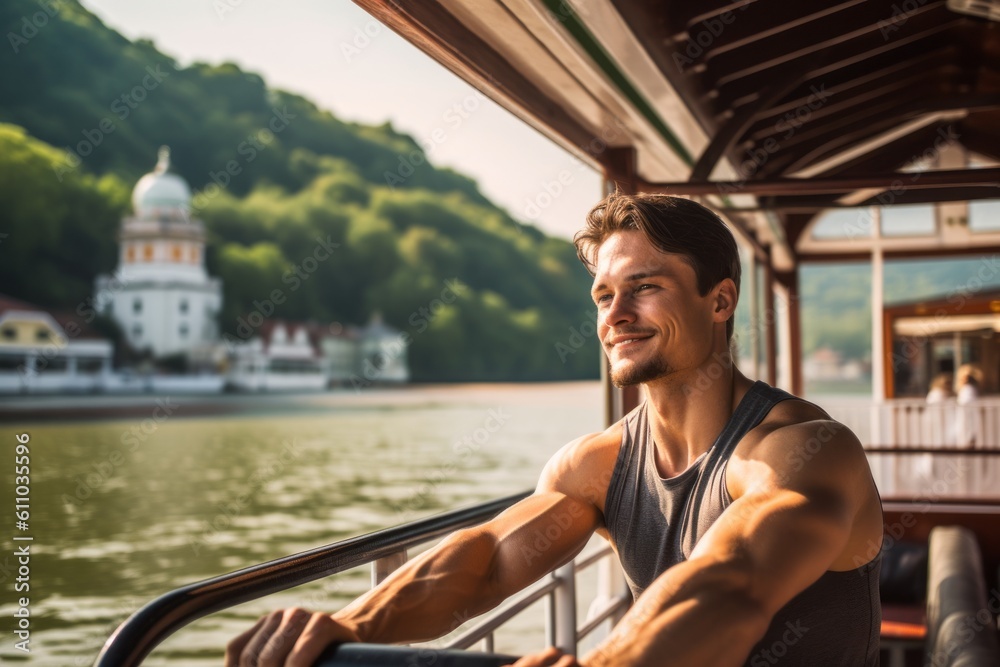 Lifestyle portrait photography of a satisfied boy in his 30s working out against a scenic riverboat background. With generative AI technology