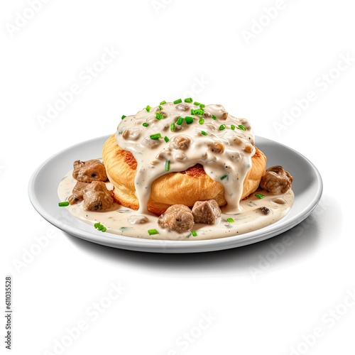 Biscuits and gravy dish isolated on white background. Generative AI