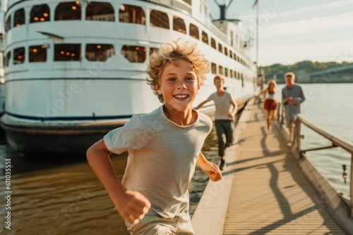 Lifestyle portrait photography of a glad kid male running against a scenic riverboat background. With generative AI technology