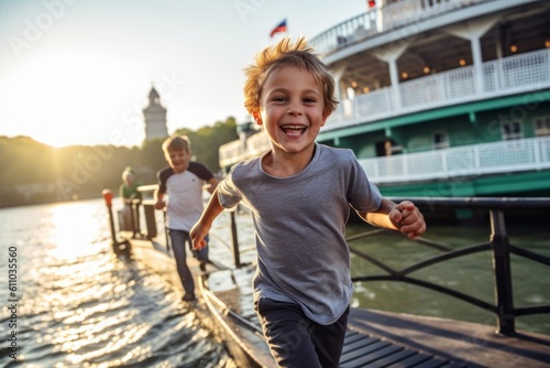 Lifestyle portrait photography of a glad kid male running against a scenic riverboat background. With generative AI technology photo