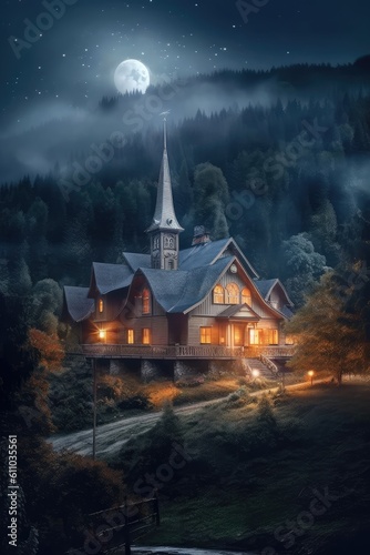 Mountains in fog with beautiful house and church at night in summer. Generative AI