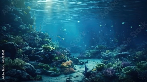 Underwater blue ocean background. Deep underwater sea scene. Generative AI © tanyastock