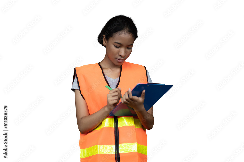Female worker working with clipboard on white background. Young female warehouse worker wearing safety uniform on white background Female worker working with clipboard on white background. Young female warehouse worker wearing safety uniform on white background