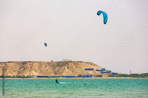 Dakhla, Morocco - 22 June 2022 : People Practicing Kitesurf on the Beach of Dakhla in the south of Morocco