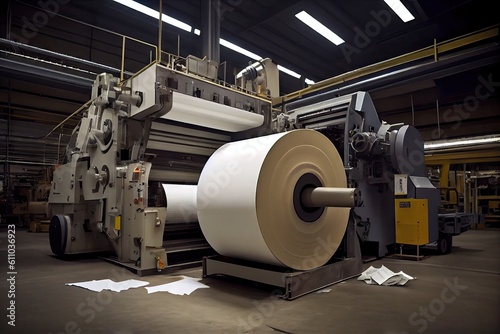 high-tech paper factory, with state-of-the-art machines and equipment producing high-quality products, created with generative ai