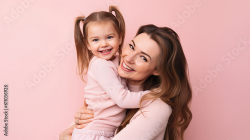 Happy mother's day, mom and her young girl, smiling together, pink background, generative ai