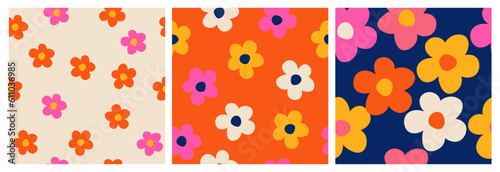 Set of hand drawn flowers, seamless patterns with floral for fabric, textiles, clothing, wrapping paper, cover, banner, interior decor, abstract backgrounds.