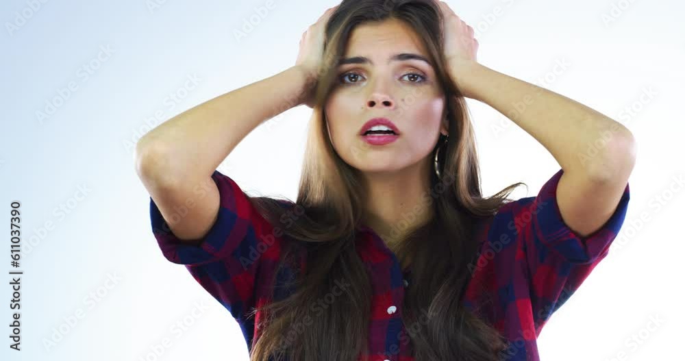 Wow, face and unhappy woman in studio with bad news, gossip or shocked with anxiety on white background. Omg, portrait and disappointed gen z female in panic, stress and surprised with oh no emoji Wow, face and unhappy woman in studio with bad news, gossip or shocked with anxiety on white background. Omg, portrait and disappointed gen z female in panic, stress and surprised with oh no emoji