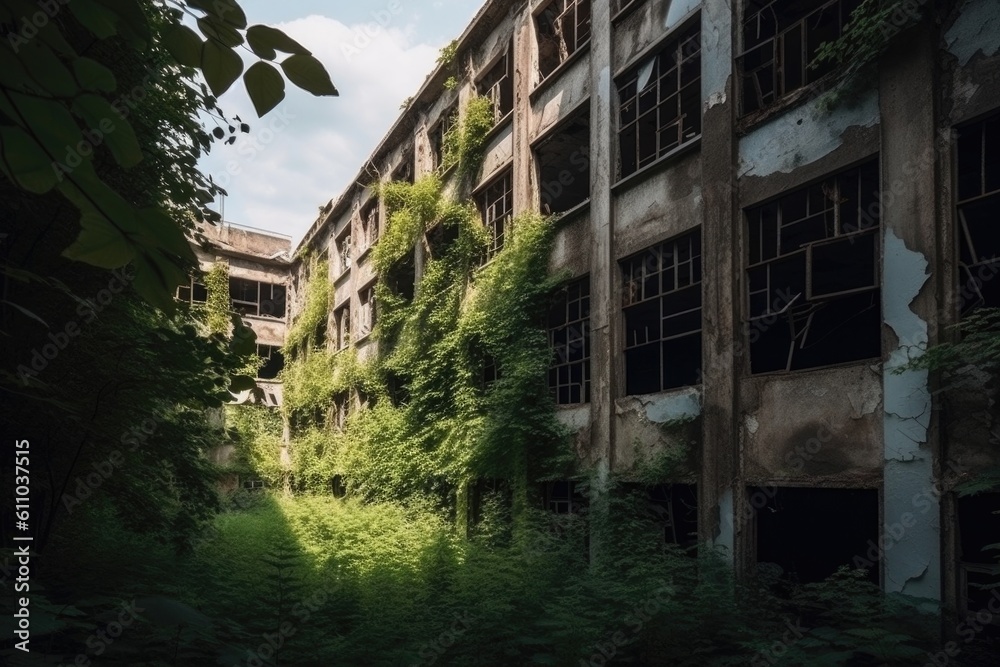 abandoned factory with broken windows and overgrown vegetation, in the urban landscape of modern city, created with generative ai