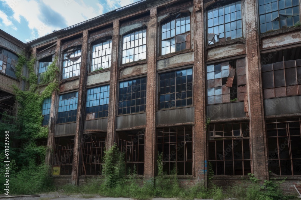 abandoned factory with broken windows and rusted metal, dating back to the turn of the century, created with generative ai