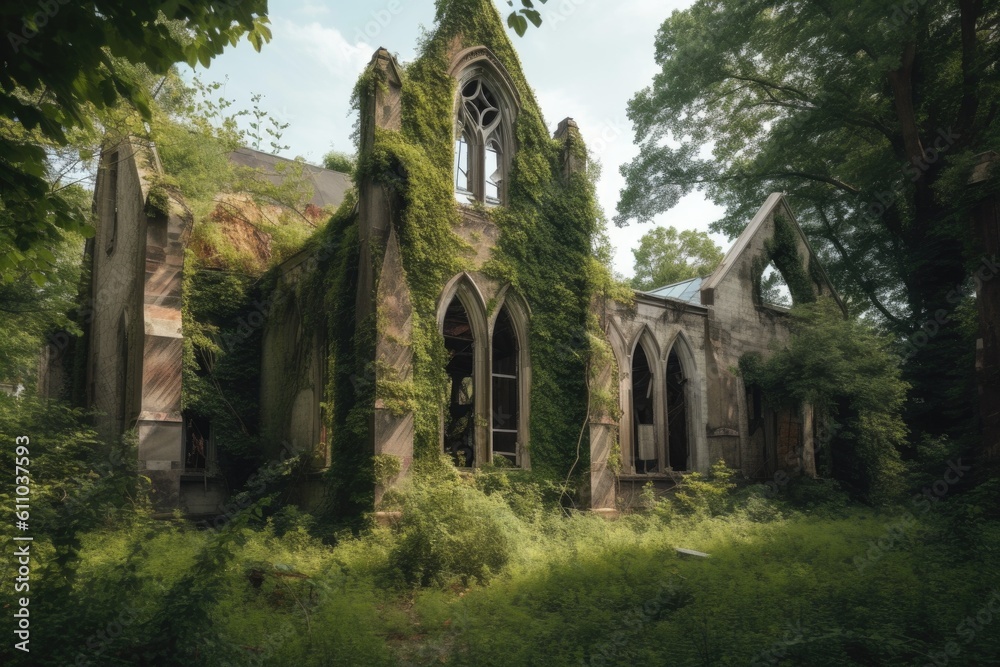abandoned church, with broken windows and peeling paint, surrounded by overgrown foliage, created with generative ai